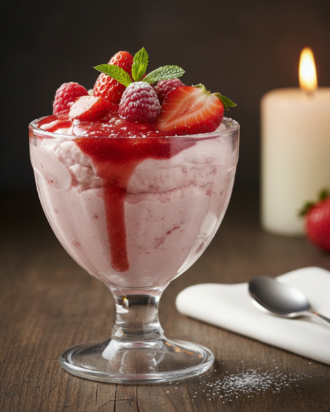 Postre de fresas con crema en copa